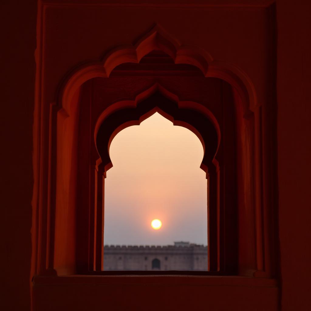 Sandstone jharokha window at dawn